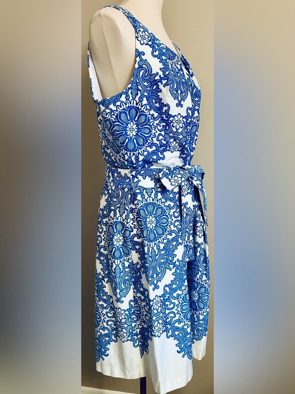 Cleo Patterned Cotton Midi Dress in Classic Blue & White - Picture 5 of 9